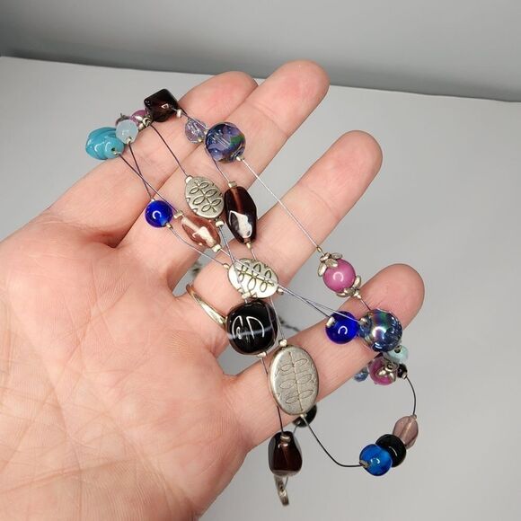 Lia Sophia Colorful Blue Purple Glass Bed Station Wire Necklace Silvertone - Picture 2 of 6